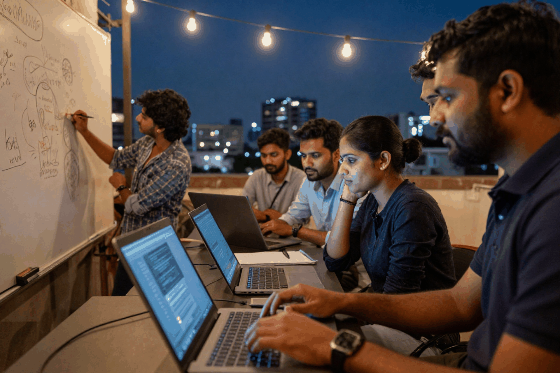 The LearniFlex team sketching ideas on a whiteboard during a rooftop work session at night