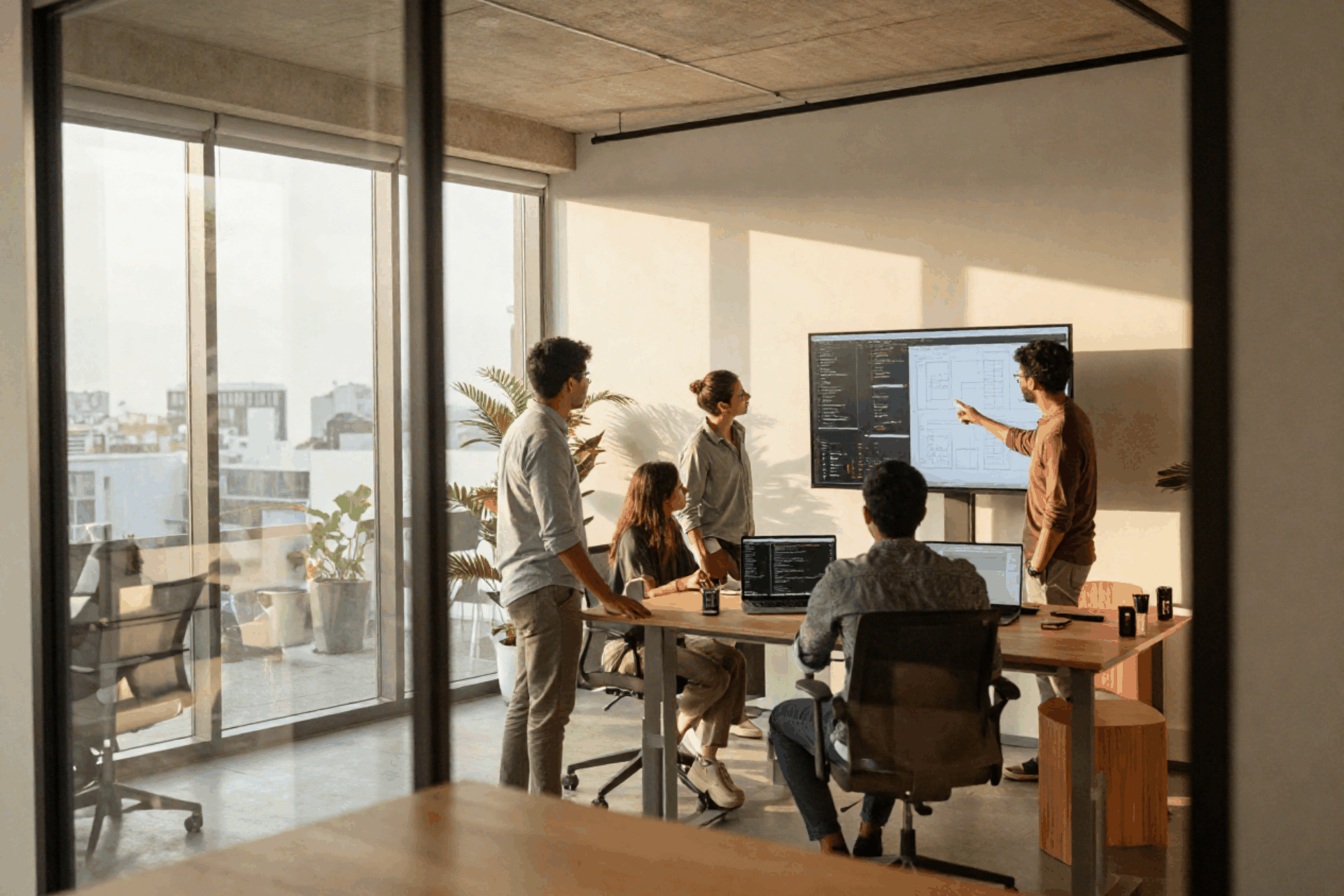 The LearniFlex team reviewing platform designs together in the studio at golden hour