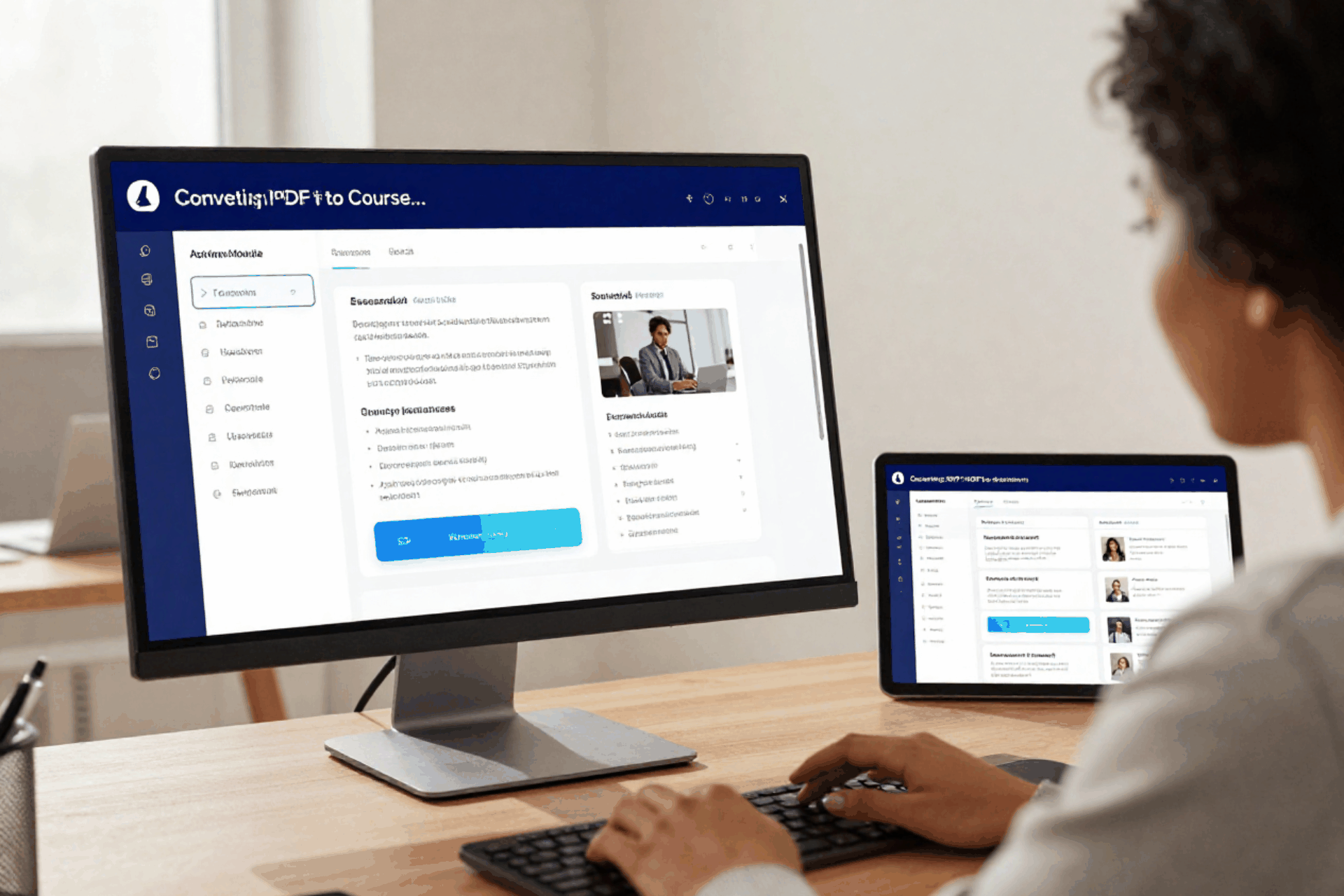Course author watching LearniFlex AI convert a PDF into a structured course with modules and assessments