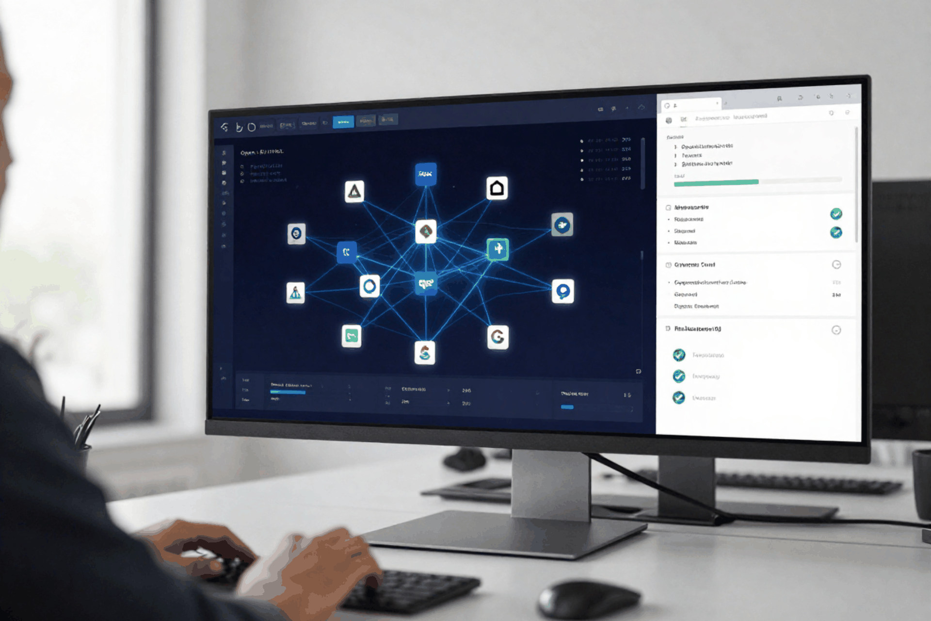 Engineer viewing the LearniFlex connector hub with live integrations across HRMS, content, and collaboration tools