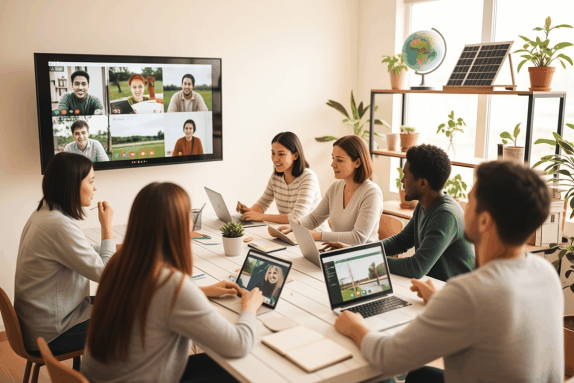 Team collaborating in a sunlit room with plants, a globe, and a solar panel on the shelf